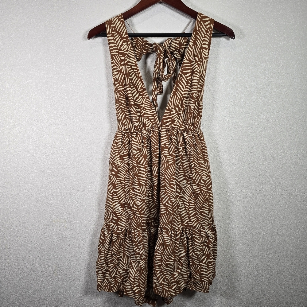 House of Harlow 1960 linen open back tiered dress brown abstract XS beach‎ boho - Picture 2 of 8